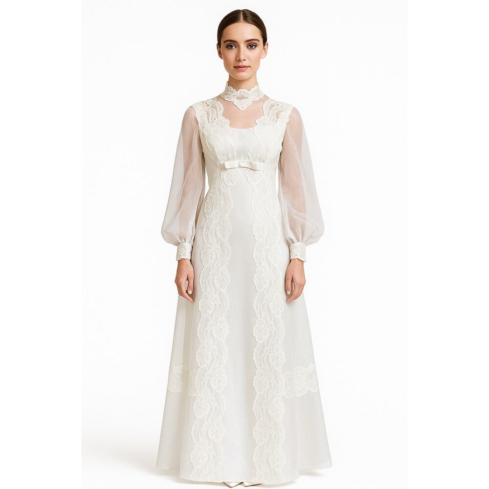 Vintage 1970s Sheer Lace High Neck Bridal Wedding Gown with Bow Detail 
 XS